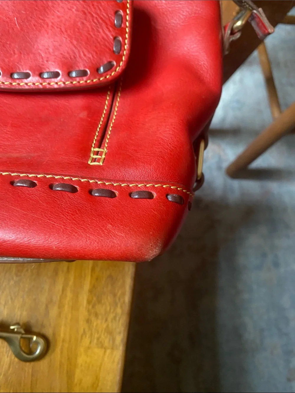 Dooney & Bourke Florentine Janine Red Leather Satchel Whip Stitching Top Handles